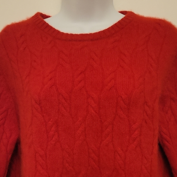 Precious Fibers Cashmere Sweater Red Cable Knit Stretchy Side Slits Medium - Picture 2 of 9